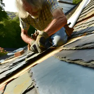 A person wearing gloves repairs or installs slate shingles on a sloped roof under sunlight, using tools and materials spread nearby.