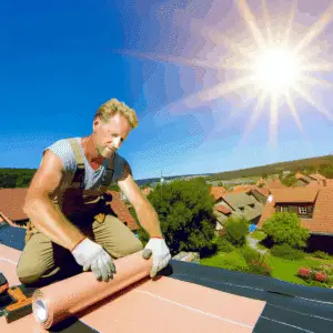 A man in work clothes and gloves installs roofing material on a house under bright sunlight, with rooftops and trees visible in the background.